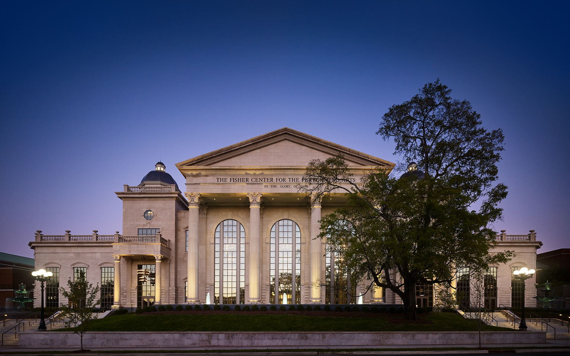 The fisher center exterior at dusk