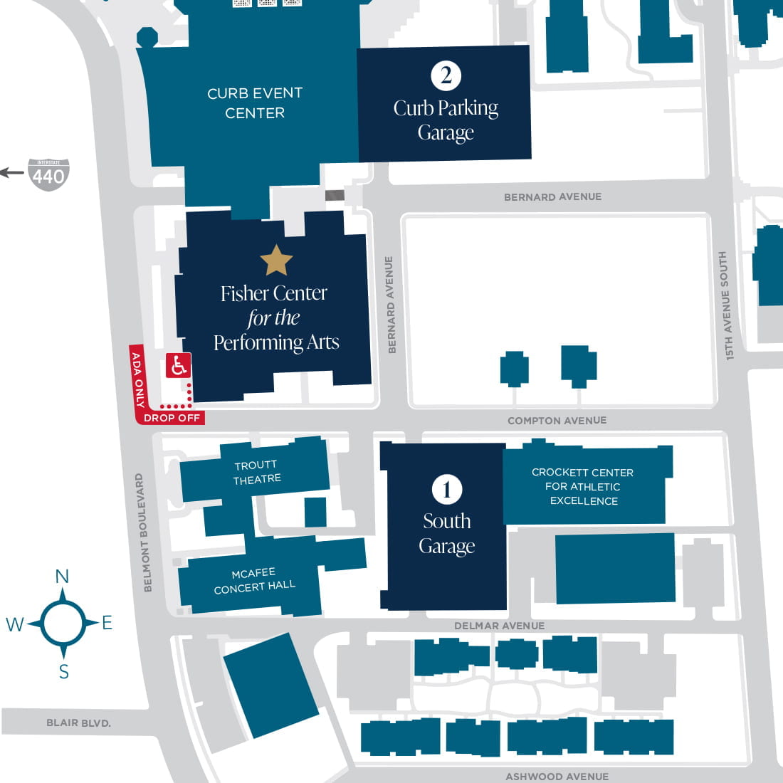A map of the Fisher Center parking options