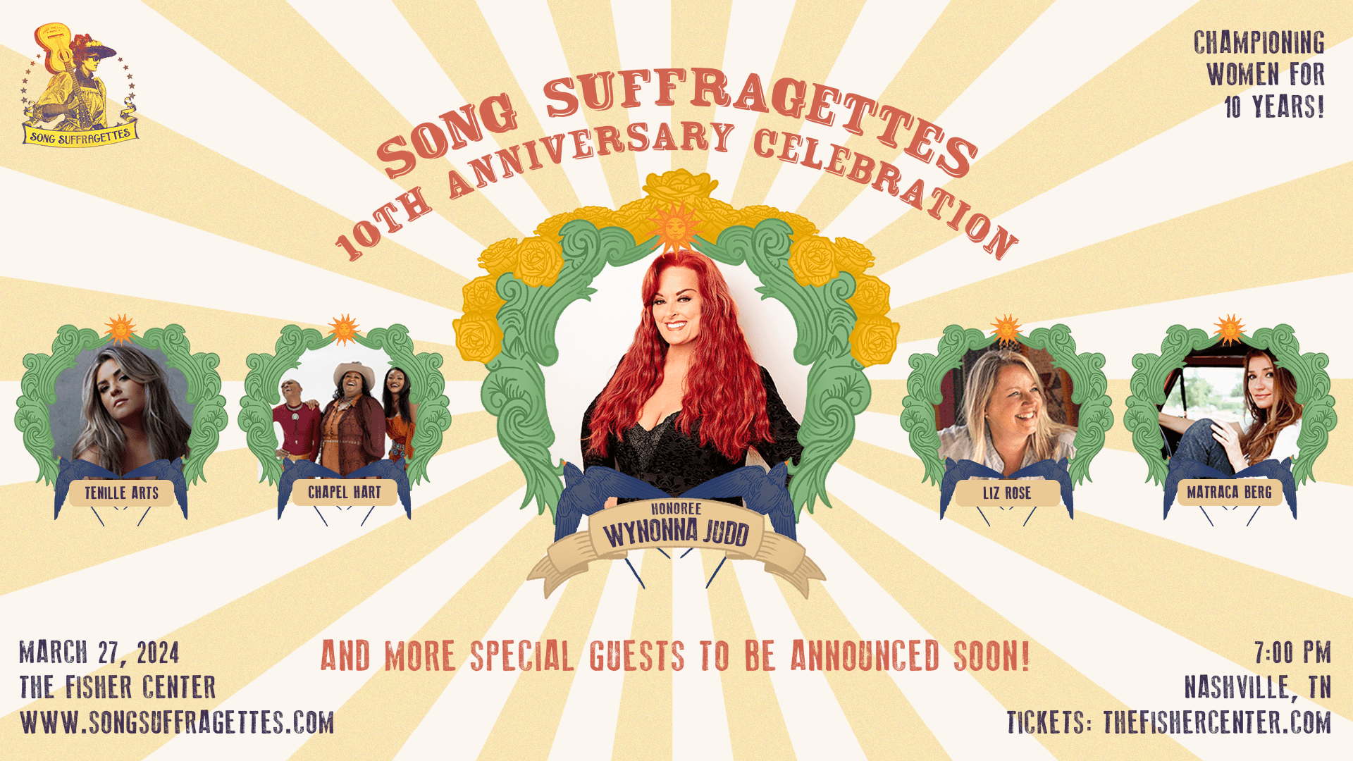 An Evening of Music celebrating the 10th Anniversary of Nashville's only all-female showcase - Song Suffragettes. Honoring Wynonna Judd featuring a performance and Q&A with the Grammy winning music icon - all with surprise guests!