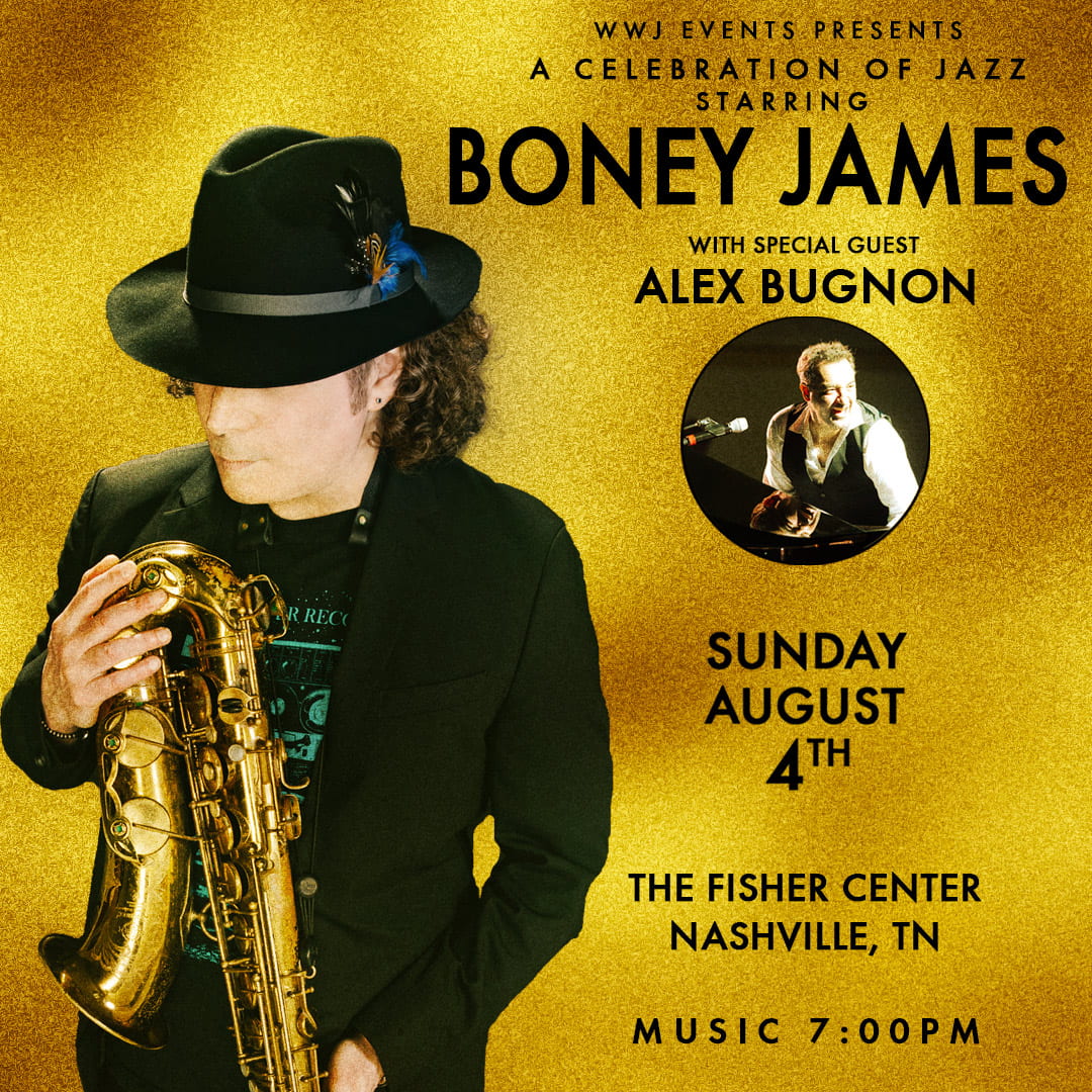 Boney James holding saxophone on gold glittery background